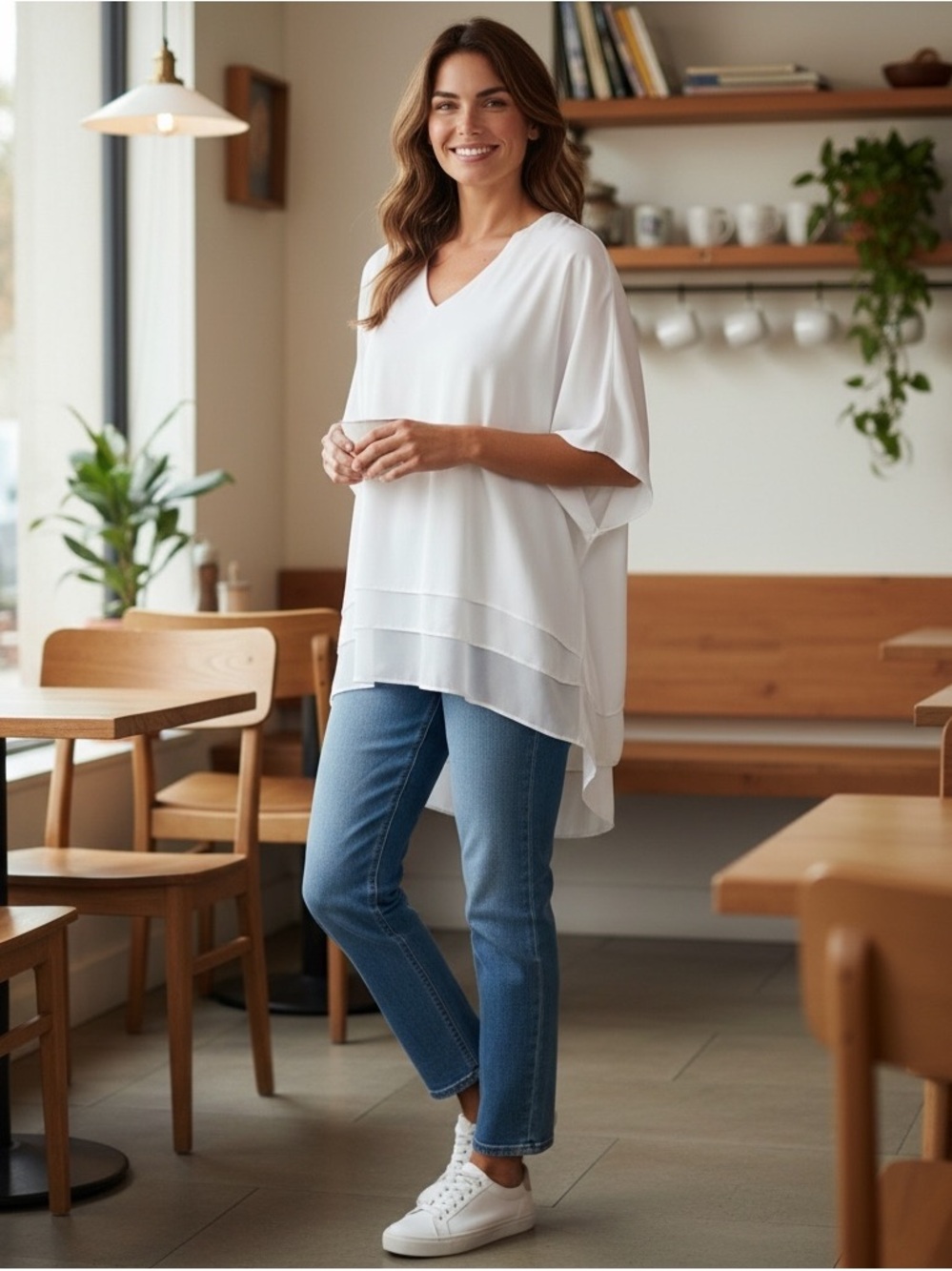 Relaxed White V-Neck Layered Tunic Top